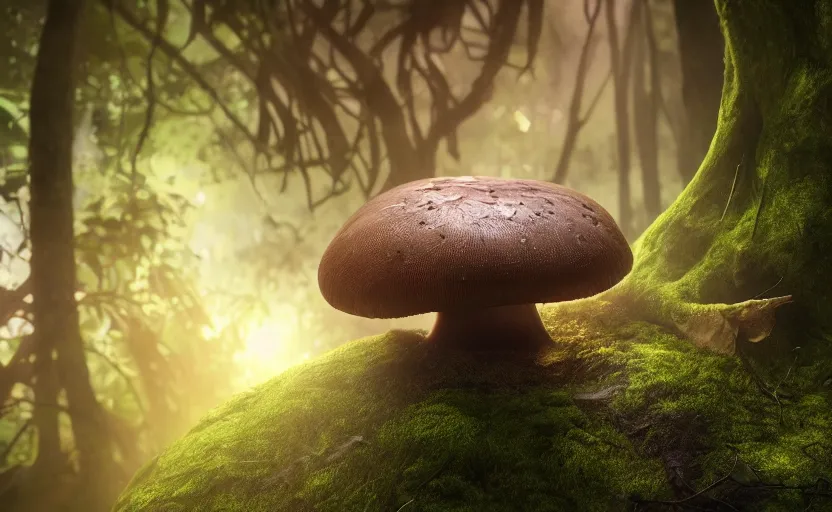 Prompt: a beautiful render of a mushroom growing out of a human a skull in a rainforest, sunset lighting, intricate detail, hazy, humid, volumetric lighting, god rays, 8 k, photorealistic, raytracing effects, unreal engine 5