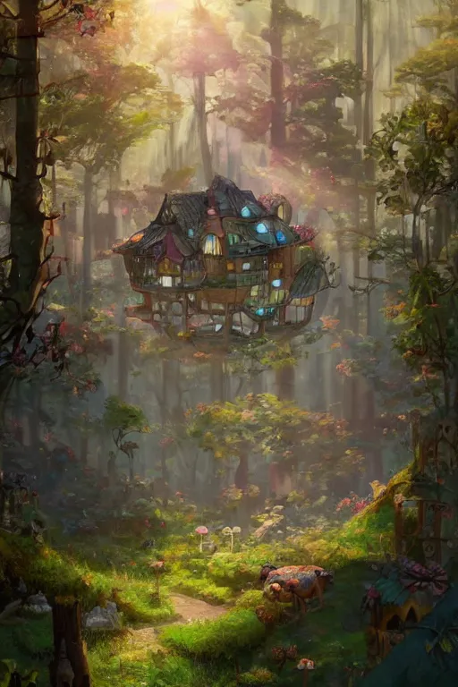 Image similar to a cheerful and whimsical ramshackle multistory hut in the woods, intricate, elegant, fantasy, highly detailed, digital painting, concept art, sharp focus, illustration, beautiful volumetric lighting, beams of light, epic light, artstation, magic hour lighting, colorful, sunshine, spring, art by Studio Ghibli