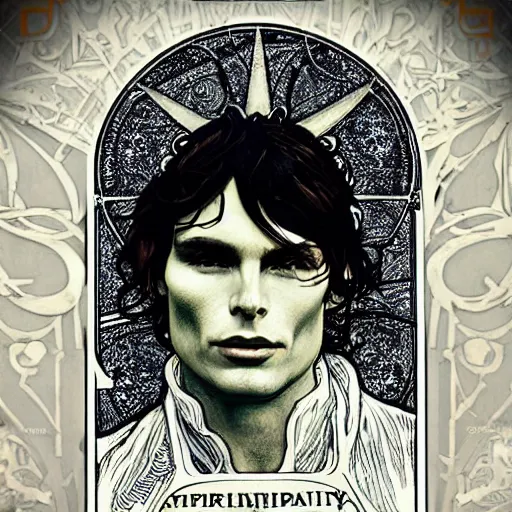 Image similar to cillian murphy portrait by louis - theophile hingre and alphonse mucha, realistic, sharp focus, zodiac signs, tarot cards, planets, ethereal, art nouveau, magic, moon, sun, crown, dreamy, royal, jewellery