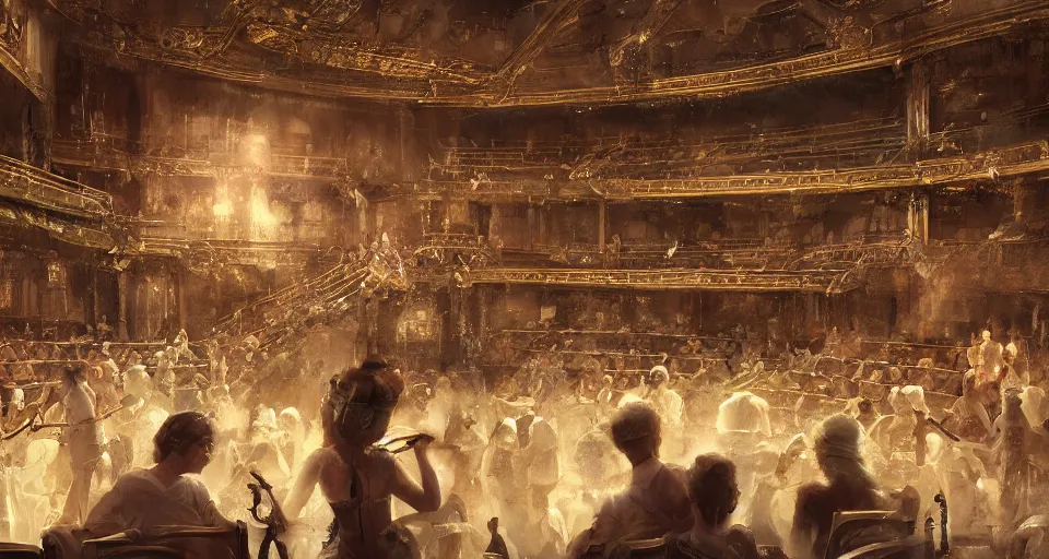 Prompt: craig mullins and ghibli digital art of inside the grand theater, audience, on the stage, masked female violinists, exotic costumes, gold jewelry, black hair, solo performance unreal engine, hyper realism, realistic shading, cinematic composition, realistic render, octane render, detailed textures, photorealistic, wide shot