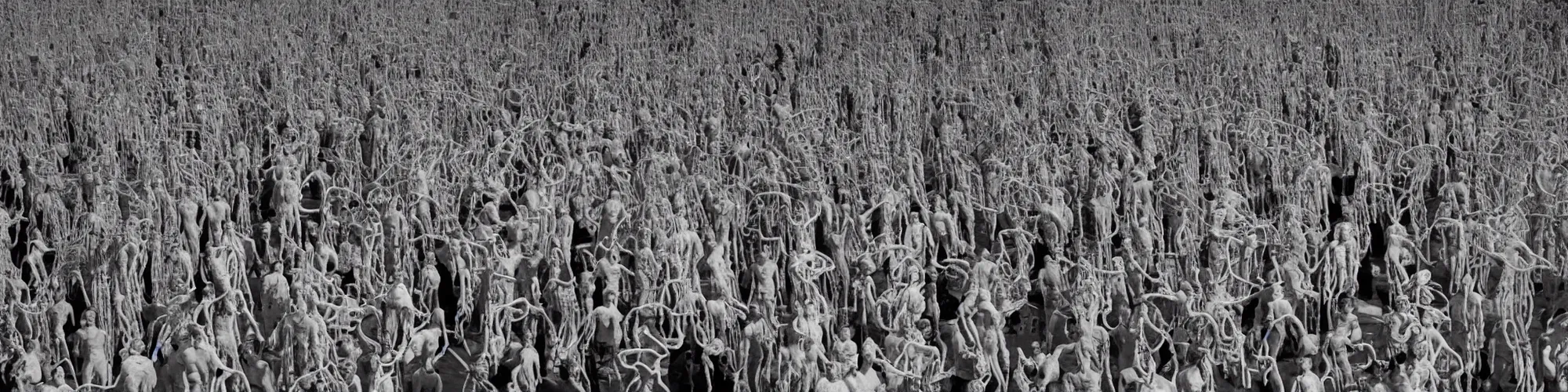 Prompt: hundreds of humans. A sea of humans. interconnected flesh. Crowdcrush. Many humans intertwined and woven together. Bodies and forms amesh. Extremely unsettling artwork. Sculpture by Alberto Giacometti.