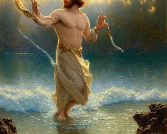 Image similar to attractive male wizard casting powerful wave water spell in a beautiful lake. highly detailed painting by gaston bussiere, craig mullins, j. c. leyendecker 8 k