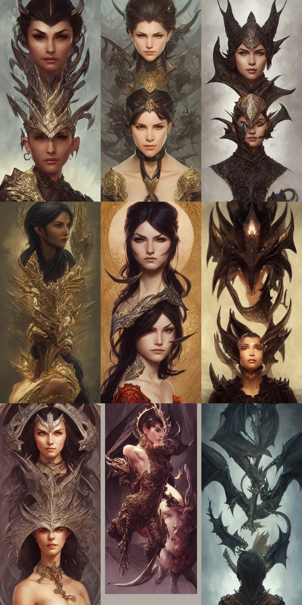 Prompt: dragon warrior, elegant, intricate, obsidian skin, beautiful, pointy ears, headshot, D&D, fantasy, highly detailed, digital painting, trending on artstation, concept art, sharp focus, illustration, art by artgerm and greg rutkowski and alphonse mucha