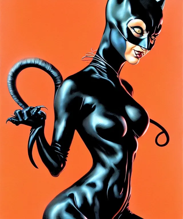 Image similar to cat woman from batman in the style of boris vallejo, hajime sorayama, peter mohrbacher, wayne barlowe, gustav moreau, bussiere, roberto ferri, santiago caruso, luis ricardo falero, austin osman spare, dali