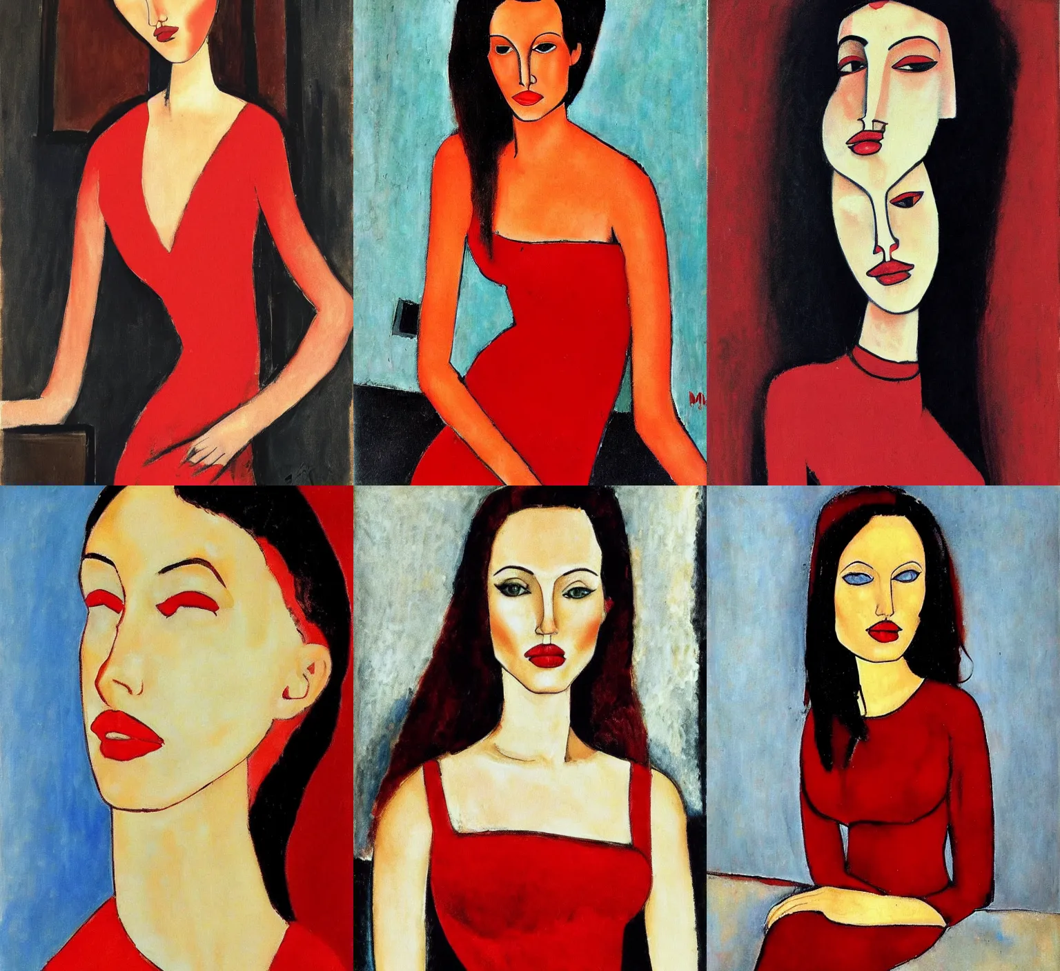 Prompt: portrait of Angelina Jolie in red dress by Modigliani