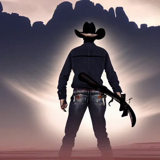 Prompt: Fantasy digital art, a gunblade on the back of a cowboy with dusty landscape in the background