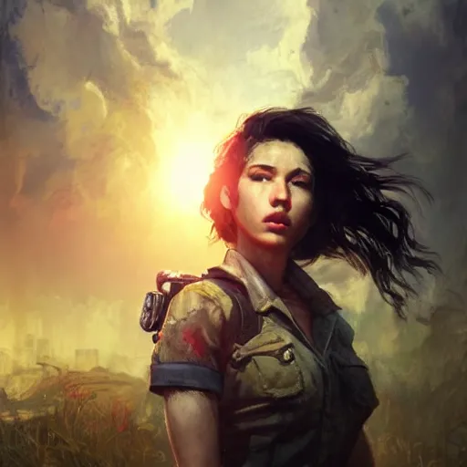 Image similar to fallout 5, charismatic beautiful rugged brunette female protagonist, portrait, outdoors tropical cityscape, atmospheric lighting, painted, intricate, volumetric lighting, beautiful, daytime, sunny weather, few clouds, sharp focus, deep colours, ultra detailed, art by william turner, krenz cushart and wenjun lin