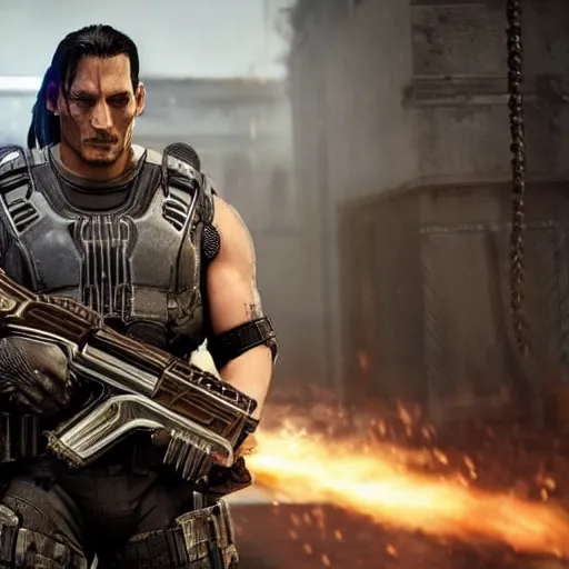 Image similar to Movie still of Johnny Depp as ((the punisher)) in Gears of War, splash art, movie still, detailed face, photorealistic facial features, cinematic lighting, dramatic, octane render, long lens, shallow depth of field, bokeh, anamorphic lens flare, 8k, hyper detailed, 35mm film grain