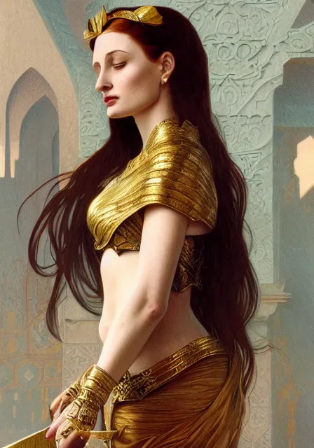 Image similar to sansa angeline jolie gessica chastain mummy cleopatra gold blood, intricate, elegant, highly detailed, digital painting, artstation, concept art, smooth, sharp focus, illustration, art by artgerm and greg rutkowski and alphonse mucha and william - adolphe bouguereau