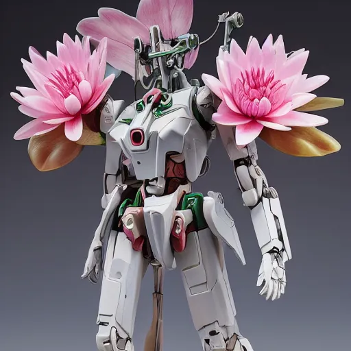 Prompt: futuristic nymphaea mecha waterlily upper body, sepals forming helmet, floral details, waterlily, 8 k hd resolution, barbatos gundam with floral inlay, bandai box art, star wars, makoto kobayashi, frank gehry, raymond swanland