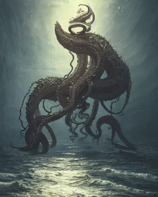 Prompt: An invisible Kraken in the middle of the sea on a chair, fantasy art, in the style of greg rutkowski, illustration, epic, fantasy, intricate, hyper detailed, artstation, concept art, smooth, sharp focus, ray tracing