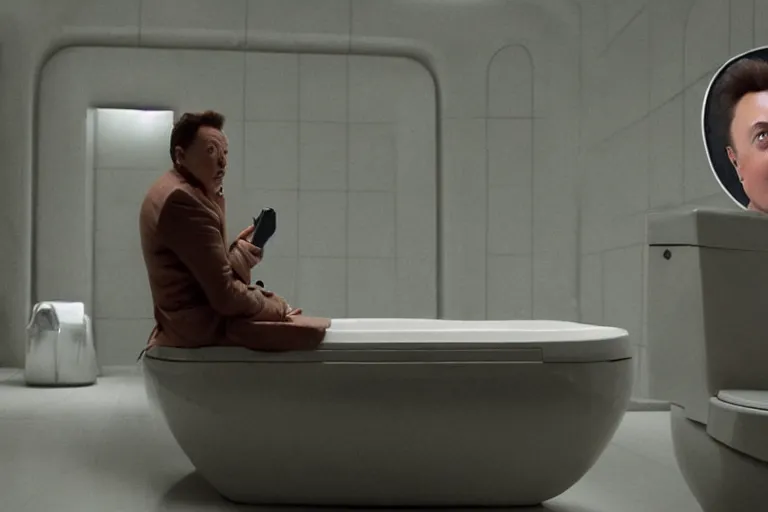 Image similar to hyperrealism aesthetic ridley scott and denis villeneuve style photography of a detailed giant elon musk, siting on a detailed ultra huge toilet and scrolling his smartphone in hyperrealism scene from detailed art house movie in style of alejandro jodorowsky and wes anderson