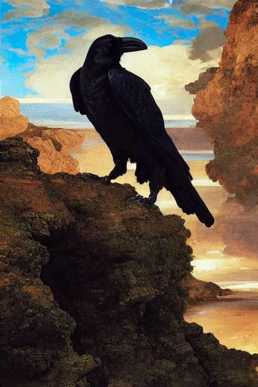 Prompt: a breathtakingly stunningly beautifully highly detailed extreme close up portrait of a raven under a rock arch, epic coves crashing waves plants, beautiful clear harmonious composition, dynamically shot, wonderful strikingly vivid beautiful dynamic sunset with epic clouds, detailed organic textures, by frederic leighton and rosetti and turner and eugene von guerard, 4 k