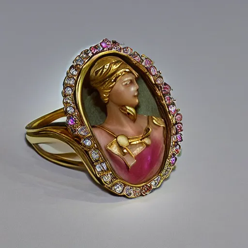 Image similar to complex golden ring with cameo and gems on the female model hand eith bust, 8k, details, architect plan