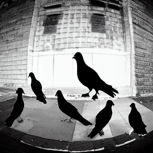 Prompt: gangsta pigeons on a hiphop album cover, black and white, wide angle