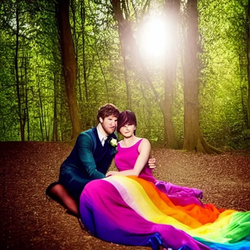 Image similar to picture of gemma arterton wearing a long rainbow wedding gown, sitting in a colorful forest