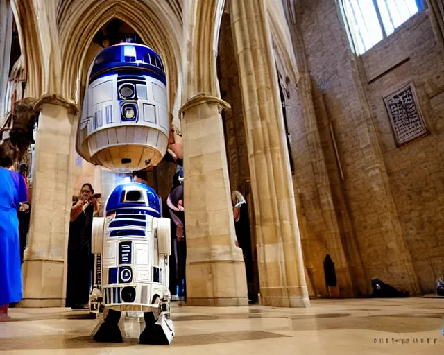 Image similar to R2D2. Getting baptised, in a large cathedral, in front of family and friends. Wide-Angle Lens. Maximum detail.