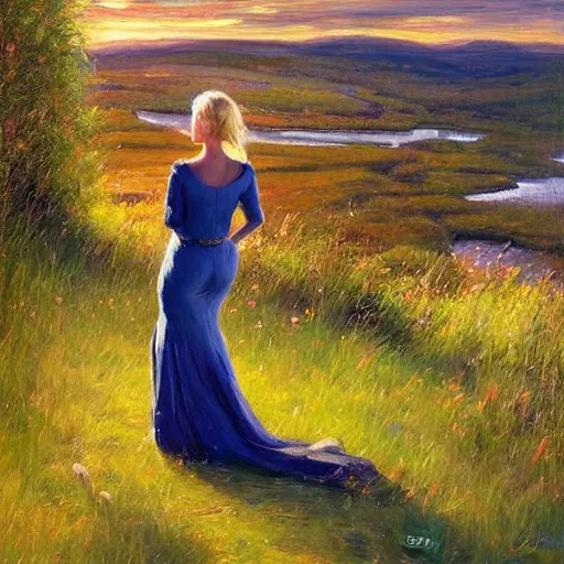 Image similar to blonde woman watching over the swedish countryside, archipelago, night, masterpiece, highly detailed, beautiful, atmospheric, impressionism, painting by Vladimir Volegov