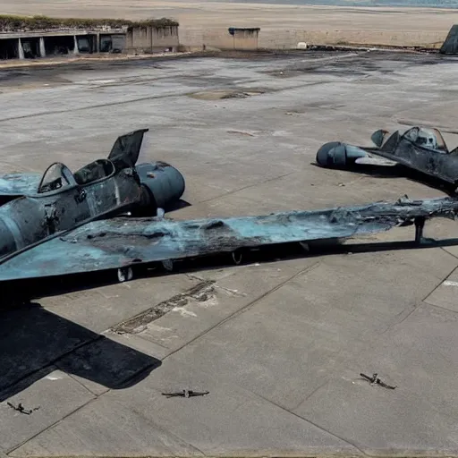 Image similar to broken and abandoned Military Jets on a tarmac, gothic art, color, highly detailed