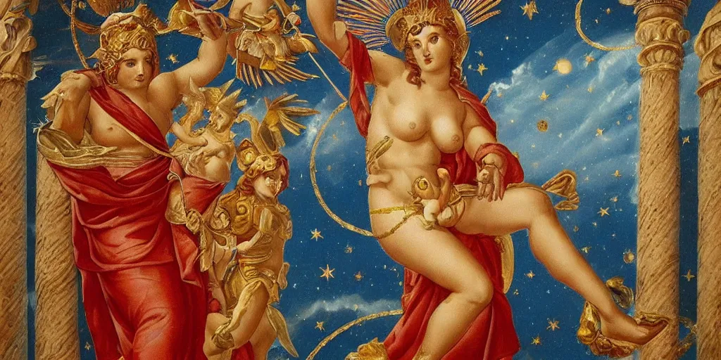 Image similar to majestic neorococo sistina saint Woman Venus godness Athena beautiful gracious pagans marble and gold in space stars clouds doves suns greeks Hyperion