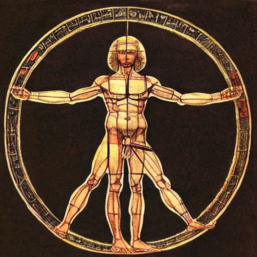 Prompt: Vitruvian Man Drawing by Leonardo da Vinci as hieroglyph in egypt