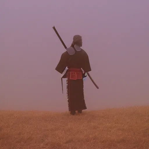 Prompt: samurai warrior standing on a hill, fog, high contrast, 35mm film grain, photorealistic