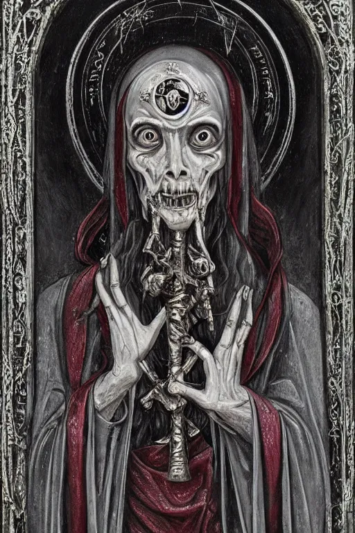 Prompt: sinister bleak gothic decay orthodox christian undead saint icon, in style of Midjourney, stylized, detailed and intricate, elegant, ornate, horror, elite, ominous, haunting, beautiful digital painting, cinematic, cgsociety, Jama Jurabaev, H.R. Giger, Zdizslaw Beksinski, James jean, Noah Bradley, Darius Zawadzki, vivid colors and vibrant outlines