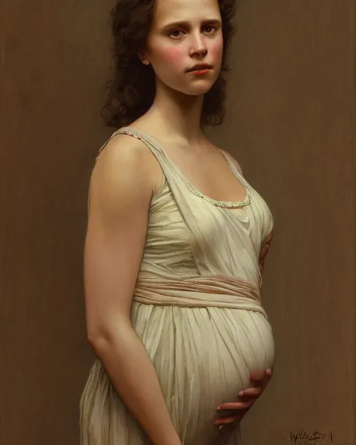 Image similar to a portrait painting of a shy, blushing alicia vikander or millie bobby brown, very pregnant, intricate, elegant, highly detailed, artstation, concept art, by krenz cushart and donato giancola and william adolph bouguereau and alphonse mucha