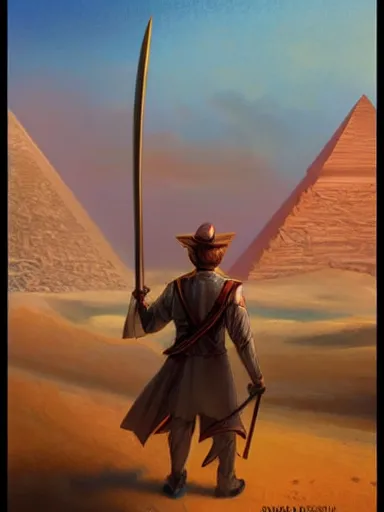 Image similar to a handsome man, walking with his staff near the great pyramids. intricate, elegant, highly detailed, digital painting, artstation, concept art, sharp focus, illustration, by justin gerard and artgerm, 8 k