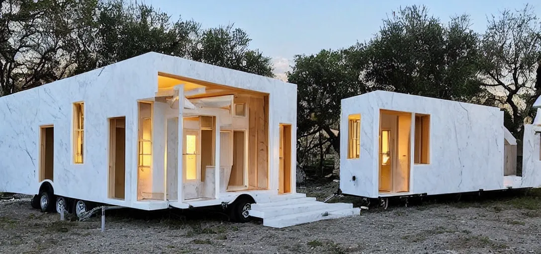 Image similar to greek tiny house on trailer that looks like the parthenon made of marble designed by iktinos and callicrates.