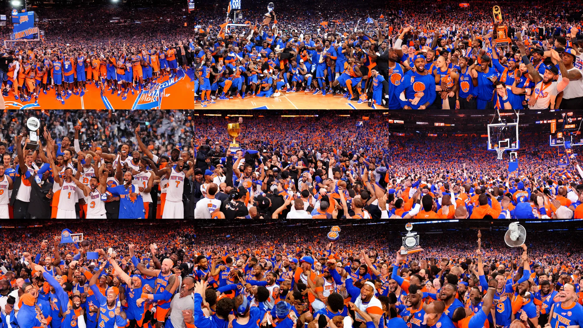 Prompt: the new york knicks winning a championship at madison square garden, wide shot, trophy, celebrating