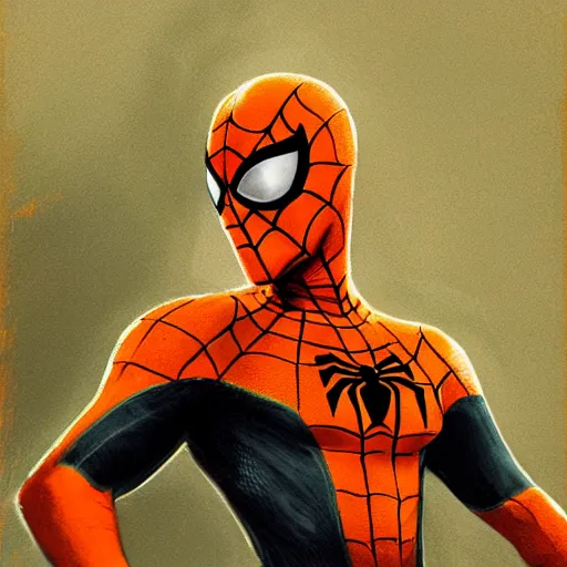 Image similar to an orange and green spiderman by cedric peyravernay