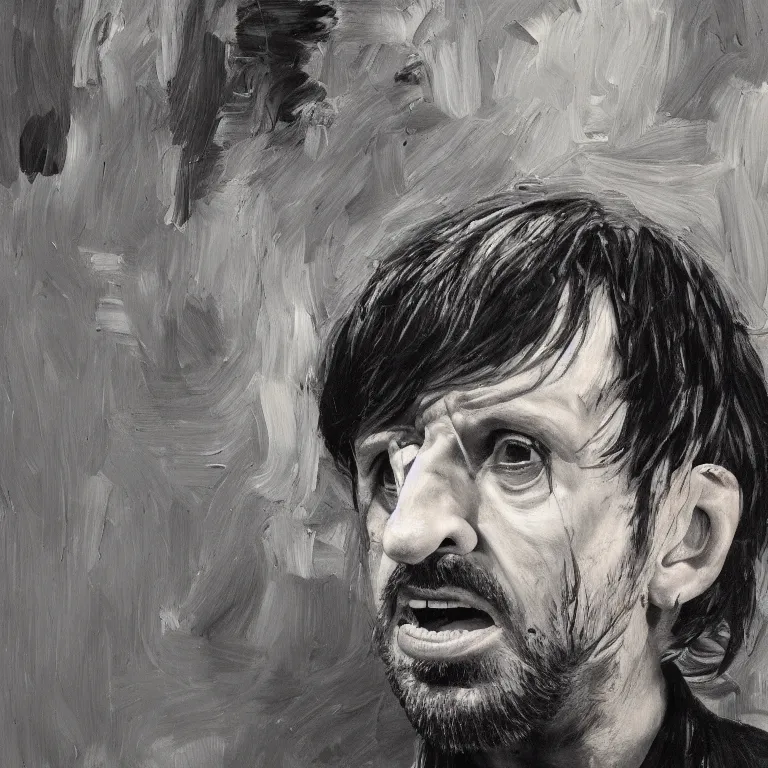 Prompt: warmly lit close up studio portrait of young furiously angry!! Ringo Starr in 1965 angrily singing, impasto oil painting thick brushstrokes by Lucian Freud and Cy Twombly and Tim Hawkinson , trending on artstation dramatic lighting Expressionism