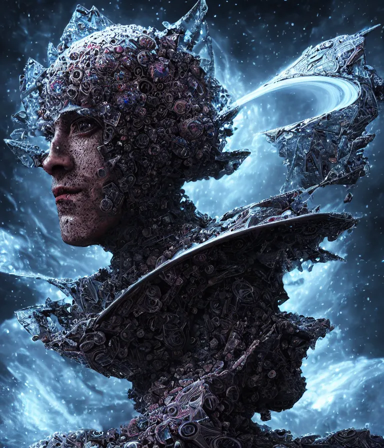 Image similar to impressive ominous front!! shot photo of a court jester character fine portrait fine portrait mesmerizing fractal hyper cubes platinum cracked dark future hyper dimensional space galactic crystal nebula edges elegant detailed intricate concept artstation sharp focus ray tracing cinematic masterpiece temporal corruption beeple wlop germ 8 4 k scifi glossy hyper realistic illustration canon eos r 3 fujifilm x - t 3 0 sony alpha a 6 6 0 0