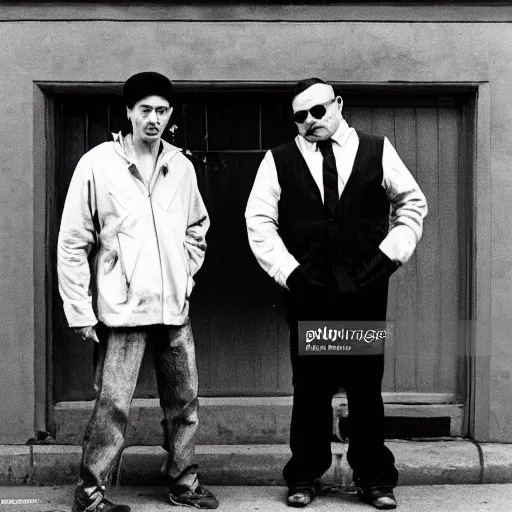 Prompt: portrait of alexandr zembatov and mikhail alontsev, tall and small, posing on a street in gangsta comedy of 1990s, movie shot, Lock, Stock and Two Smoking Barrels