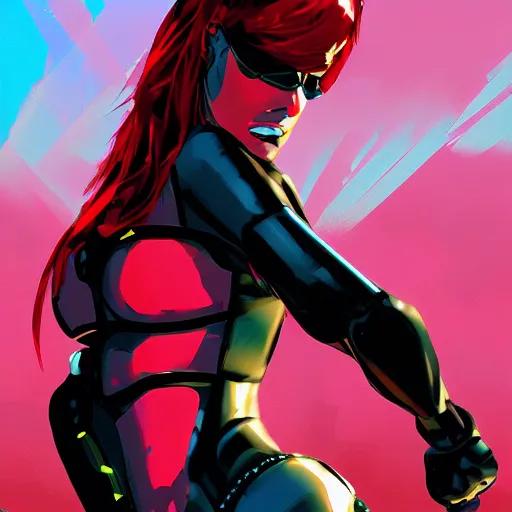 Prompt: cybertronic woman with scarlet red hair and curvacious body at the beach, yoji shinkawa influences, digital painting, synthwave, anime influences