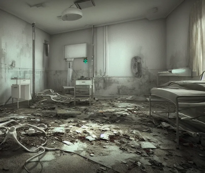 Prompt: Abandoned hospital room, gloomy and foggy atmosphere, octane render, artstation trending, horror scene, highly detailded