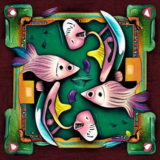 Image similar to two fishes sitting at a table playing cards at the bottom of the sea, the table has a checkered table cloth, lowbrow surrealistic, in the style of mark ryden,