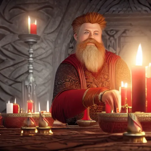 Image similar to fit, red - haired, bearded male in a grey tunic playing a lyre, inside of a candle lit temple, norse god odin, smiling, beside him, bright atmosphere, hyper realistic, photo realistic, movie still, unreal engine, high octane render, 8 k