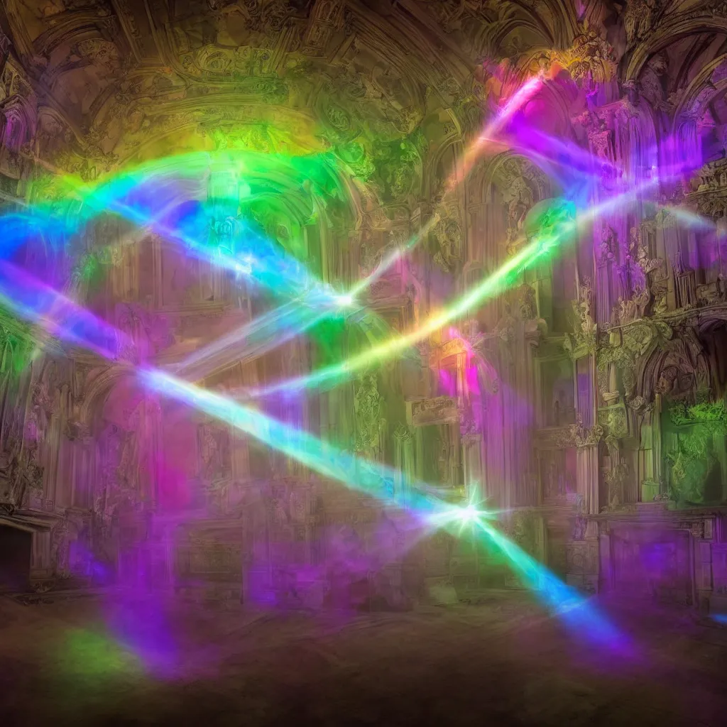 Prompt: rainbow caustics spirit in the central hall of a Victorian mansion, wide shot, dim lighting, light rays, volumetric lighting, silver plate photography, ghost