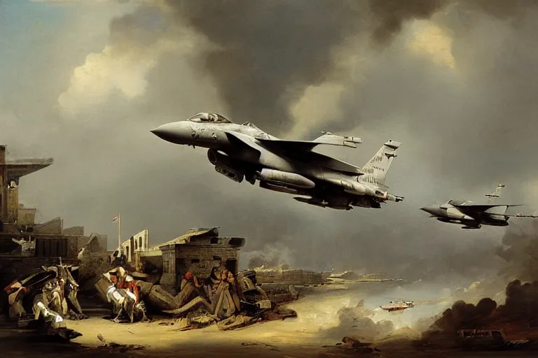 Prompt: flight military unit f - 1 6 painting by hubert robert detailed