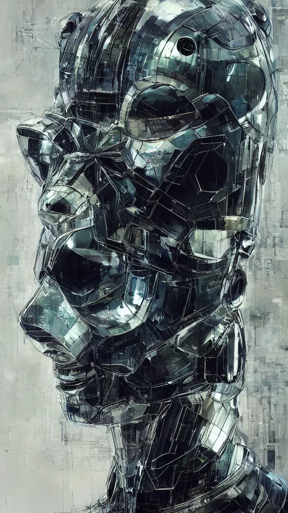 Image similar to a portrait of cyber - dog of sci fi metallic human by yoji shinkawa bright eyes, melancholic complex geometric figure liminal machinery by oskar schlemmer, moebius, john berkey, film grain, oil on canvas, portrait facial head, featured on artstation, hd wallpaper, 8 k