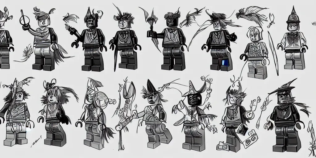 Image similar to characters from the magical lego imagination forest, sharp focus, moebius, character sheet, game concept art, brush work