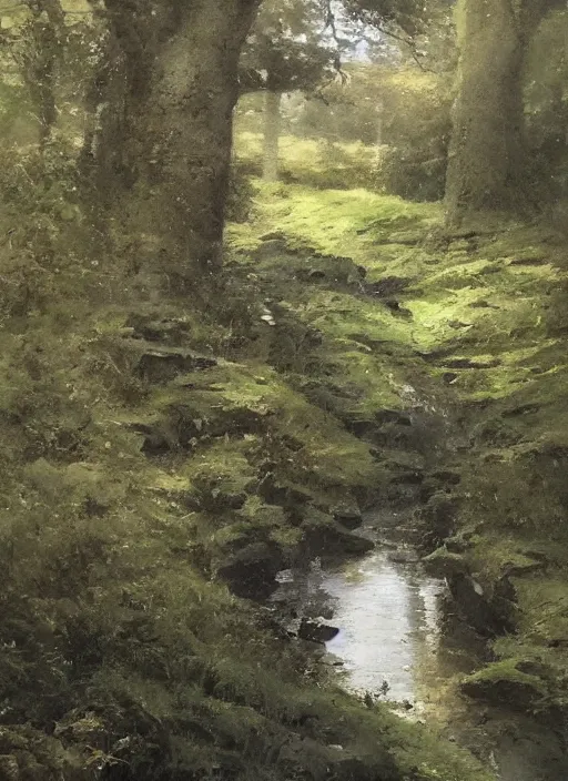 Image similar to there is a place in wales, tucked out of view magic happens, only seen by a few. for just one day, for only just one hour. the last summer ’ s day break at gelli aur. there you must follow a winding trout stream. search all the oaks with a tiny light beam, inspired be greg rutkowski