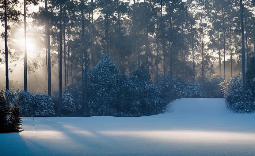 Prompt: augusta national, the masters, nr. 1 2, middle of the winter, completely covered in snow, beautiful ambient light, stunning photography, fog, light rays