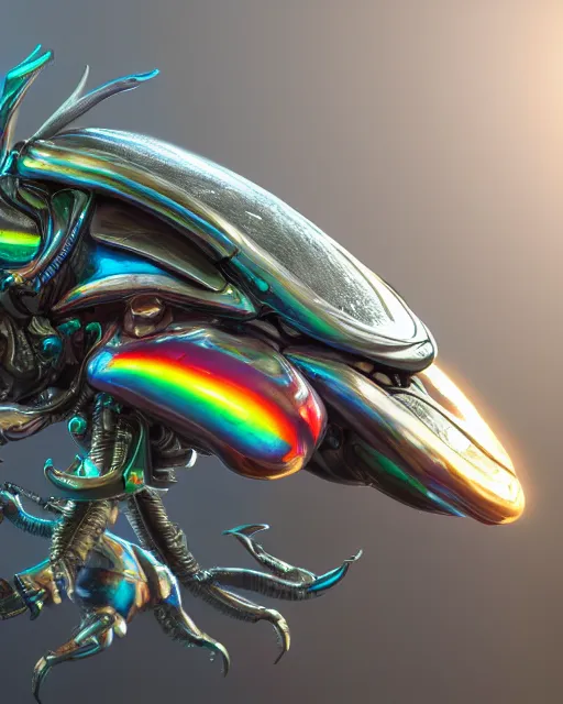 Prompt: detailed photo of rainbow stag beetle shaped alien vehicle, 8 k, by daniel mcgarry, xiaolong wang, trending on artstation, hyper detailed, beautiful lighting, epic environment