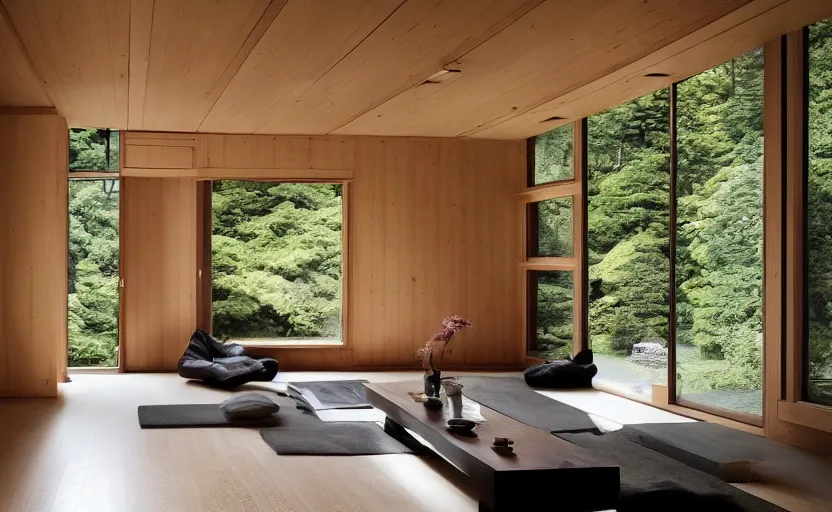 Image similar to luxurious wooden cottage by yabu pushelberg, modern japanese living room, japanese wabi - sabi arrangements, coherent composition, architectural photography