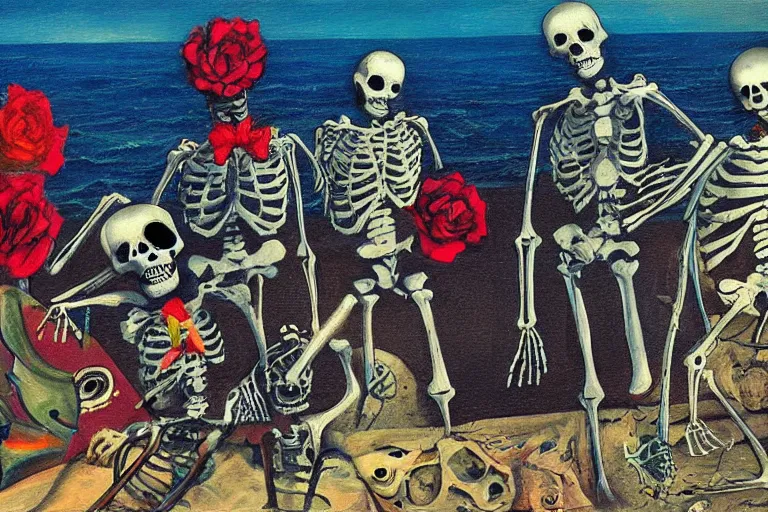 Image similar to scene from surfing, day of the dead, cyber skeleton, neon painting by otto dix