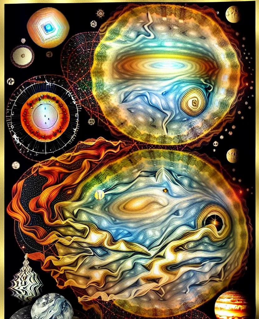 Image similar to whimsical uncanny creature alchemizes unique canto about'as above so below'being ignited by the spirit of haeckel and robert fludd, breakthrough is iminent, glory be to the magic within, to honor jupiter, painted by ronny khalil