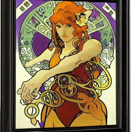 Prompt: Samus Aran by Alphonse Mucha